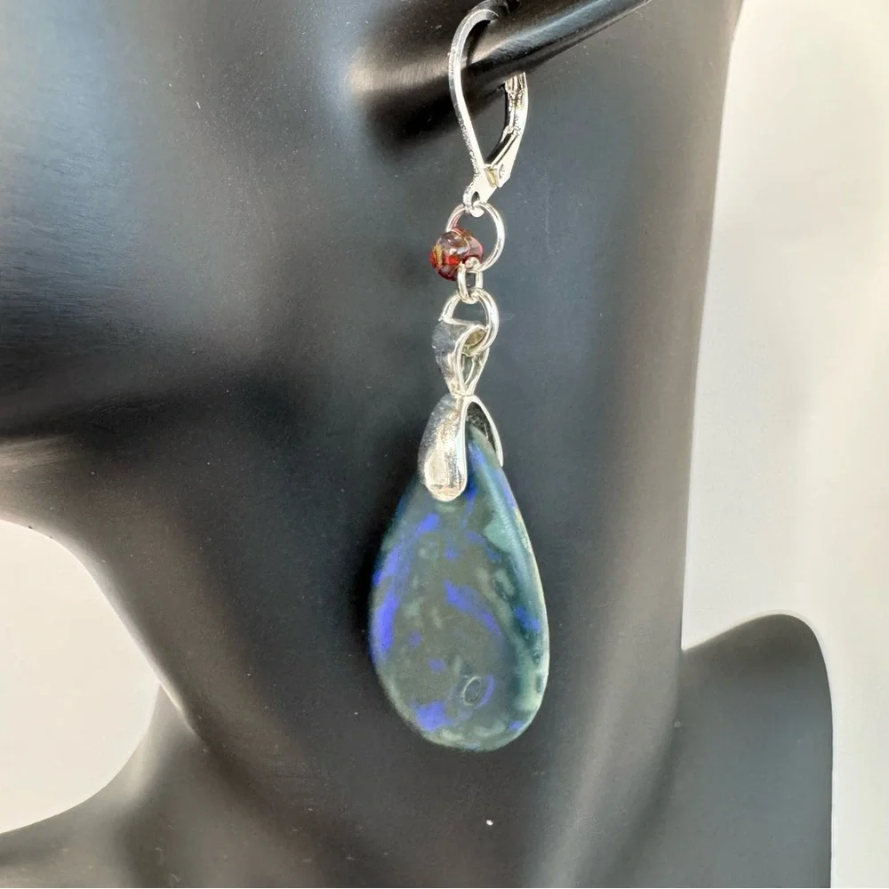 HAND CRAFTED Czech Glass Teardrop EARRINGS Matte Cobalt Blue Picasso NWT